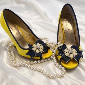 Poetic License Vintage, Yellow and Navy Peep-Toe Heels with Floral Bow Accent